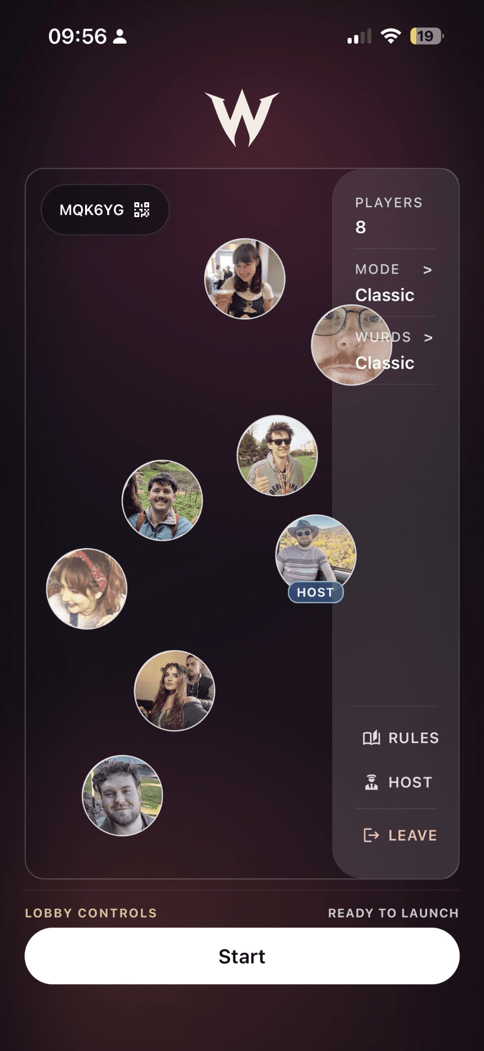 Wurder lobby screen showing player avatars, host controls and a ready-to-launch session.